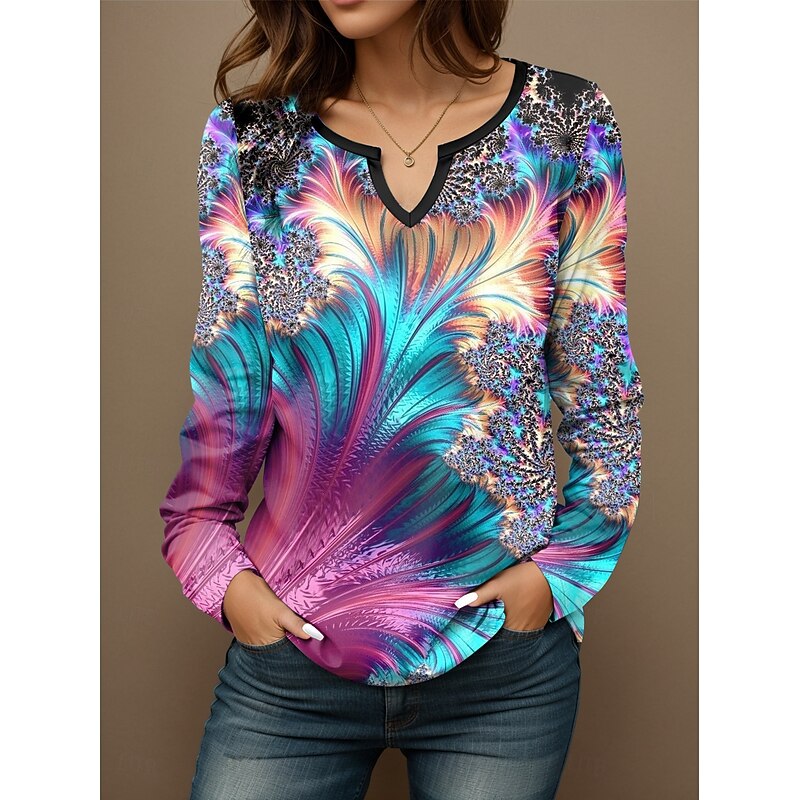 Women's T Shirt Graphic Casual Long Sleeve Notched Neck Regular Tops Daily Print Blue Spring Fall2