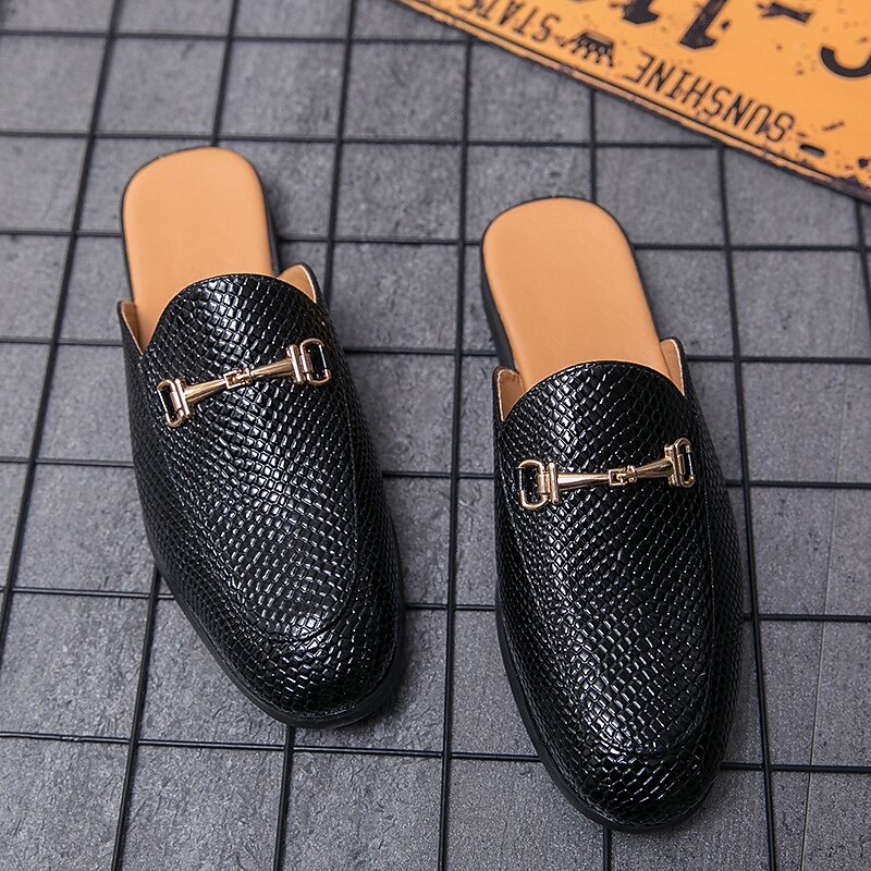 Men's Brown Snake Pattern Loafers – Slip-On Faux Leather Mules with Metal Buckle for Casual and Formal Wear4