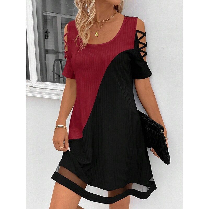 Women's Mini Dress Knit Dress Casual Dress Stylish Casual Vacation Daily Regular Fit Color Block Half Sleeve U Neck White Red Spring Fall3