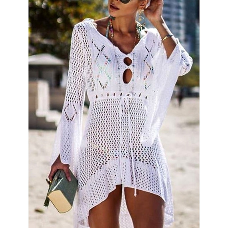 Women's Swimwear Cover Up Beach Dresses Swimsuit High Waist Slim Vacation Beach Wear Solid Color V Neck Long Sleeve