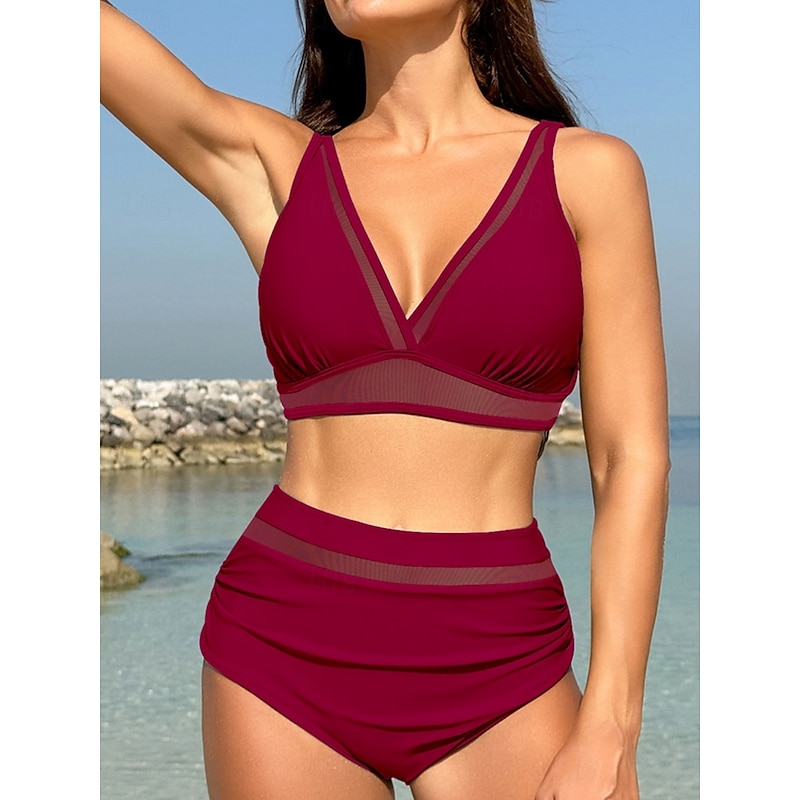 Women's Swimwear Bikini 2 Piece Briefs Swimsuit Mesh Backless High Waist Slim Vacation Beach Wear Solid Color Halter Neck Sleeveless Bathing Suits