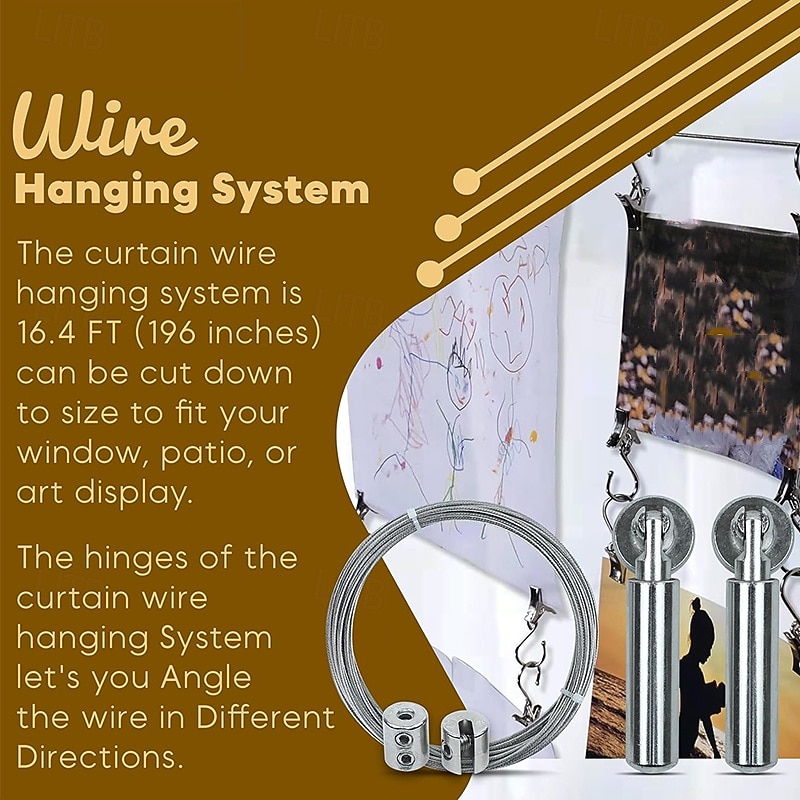 Adjustable Indoor Outdoor Wire Curtain Rod Room Divider Hanging System with 24 Clips Wire Hanging System For Tapestry Clothesline Clothes Hanger Craft Art Decoration on Walls3