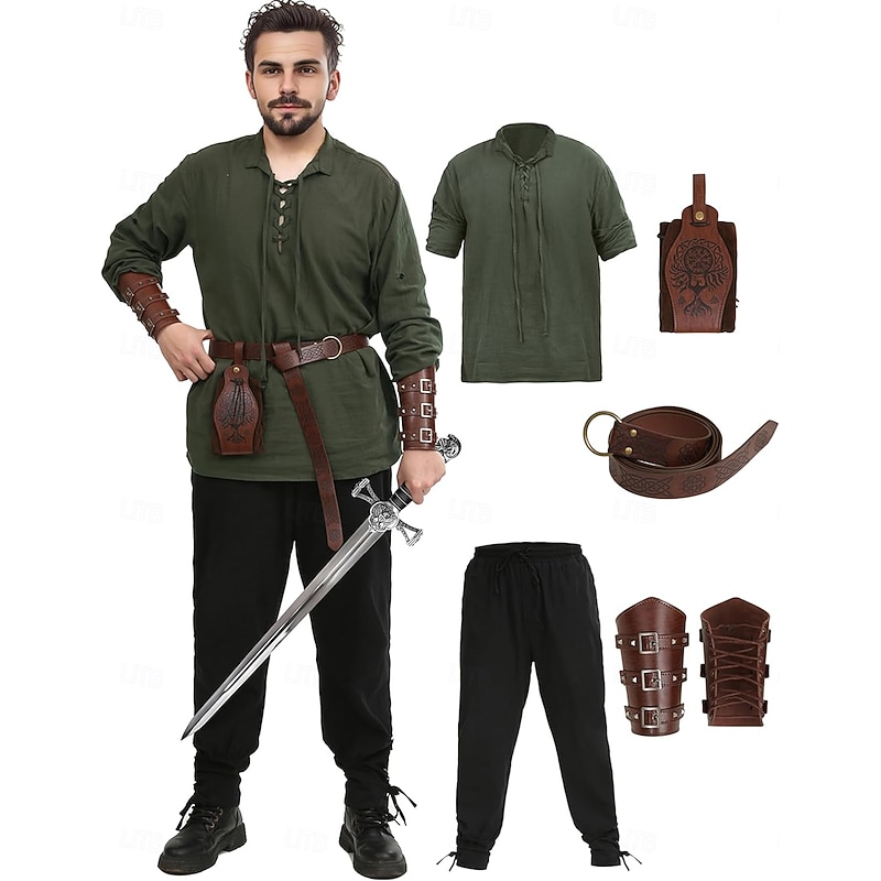 Retro Vintage Medieval Renaissance Pants Outfits Waist Belt Fancy Dress Men's Viking Fantasy Halloween Carnival Masquerade Carnival Performance LARP Adults' Shirt Pants Belt
