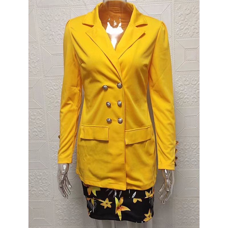 Women's Elegant Streetwear Daily Blazer Skirt Long Sleeve Shirt Collar Graphic Patchwork Casual Yellow Spring &  Fall Regular Fit2