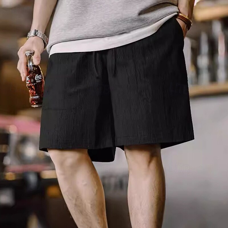Men's Shorts Linen Shorts Summer Shorts Beach Shorts Drawstring Elastic Waist Plain Comfort Breathable Knee Length Home Daily Gym Casual Athleisure Black White4