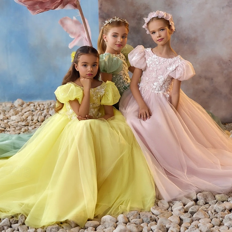 Kids Girls' Flower Girl Dress Party Dress Solid Color Sleeveless Long Sleeve Performance Wedding Party Mesh Princess Sweet Mesh Mid-Calf Sheath Dress Tulle Dress Summer Spring Fall kids Yellow Pink2