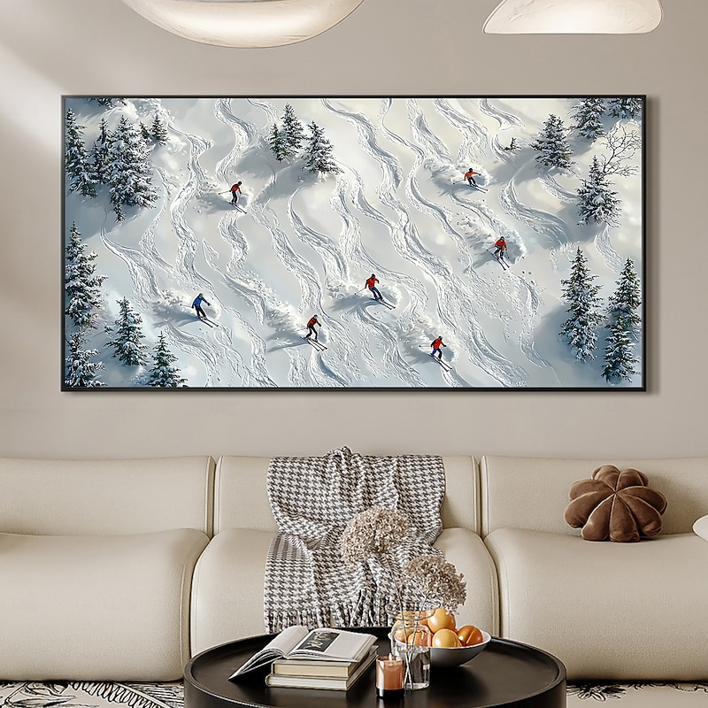 Handmade Original Skiing Painting Oil Painting On Canvas Abstract Texture Winter Landscape Painting Wall Art for Home Decor With Stretched Frame/Without Inner Frame Painting