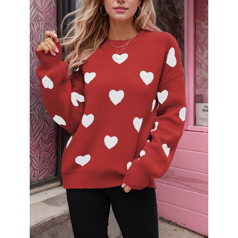 Women's Valentine Sweater Casual Soft Heart Ribbed Crew Neck Knitted Long Sleeve Regular Tops Knit Outdoor Daily Weekend Black Red Fall Winter3
