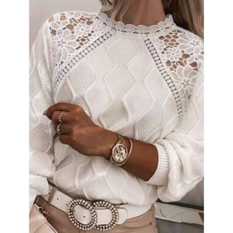 Women's Lace Splicing Top Plain Fashion Modern Casual Long Sleeve Turtleneck Regular Tops Daily Weekend Lace Patchwork White Blue Spring Fall3