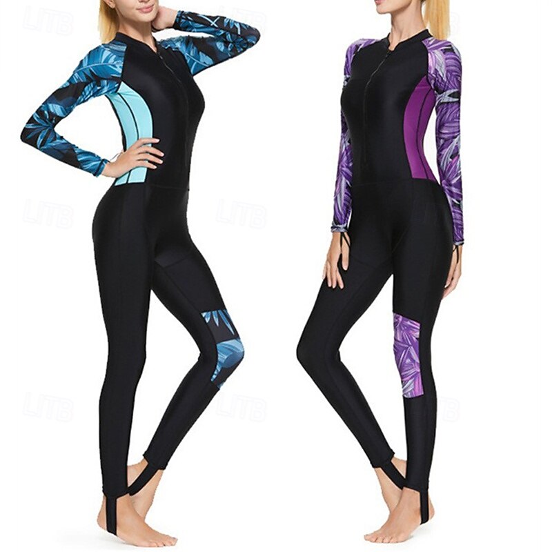 Women's Rash Guard One Piece Swimsuit Lightweight Long Sleeve Bodysuit Bathing Suit Removable Pad Front Zip Swimming Surfing Beach Water Sports Floral Patchwork Printed Summer Spring Autumn