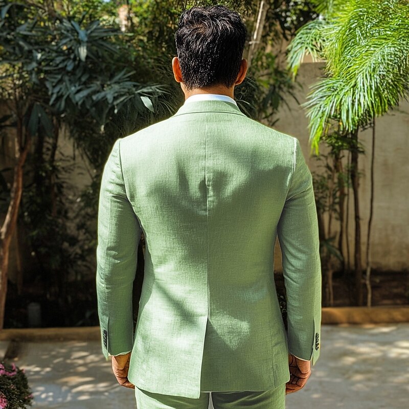 Men's Party Linen Suits Peaked Lapel Sage Solid Colored Standard Fit 2 Piece Single Breasted Two-buttons3