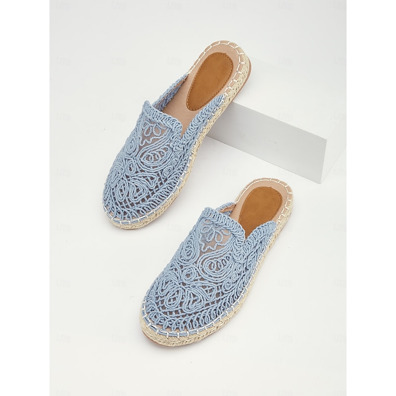 Women's Blue Crochet Espadrille Flats with Mesh Detail, Boho Style Slip-On Summer Shoes for Beach and Casual Wear3