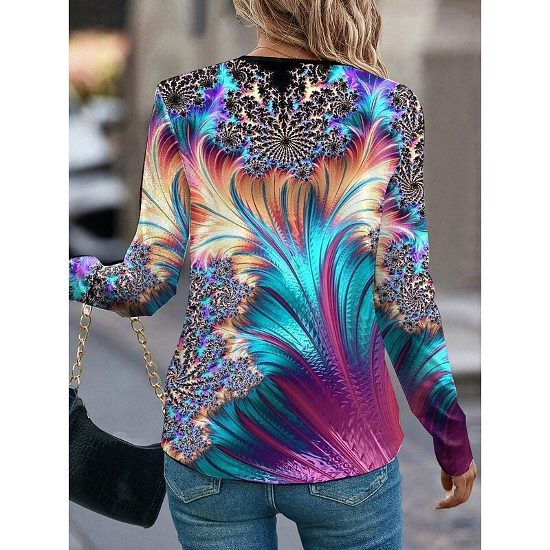 Women's T Shirt Graphic Casual Long Sleeve Notched Neck Regular Tops Daily Print Blue Spring Fall3
