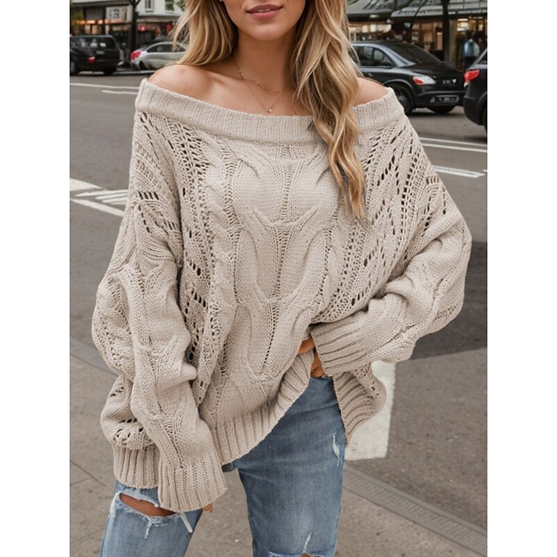 Women's Sweater Casual Soft Pure Color Ribbed Crew Neck Knitted Hole Long Sleeve Regular Tops Knit Outdoor Daily Weekend Pink Khaki Fall Winter