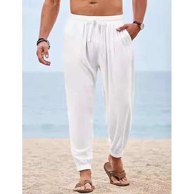 Men's Joggers Linen Pants Trousers Summer Pants Beach Pants Drawstring Elastic Waist Plain Comfort Breathable Full Length Outdoor Daily Holiday Vacation Fashion Black White4