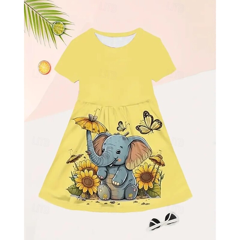 Girls' 3D Graphic Elephant Dress Short Sleeve Summer Spring Vacation Daily Holiday Princess Beautiful Sweet Kids 4-12 Years Casual Dress A Line Dress Knee-length Regular Fit2