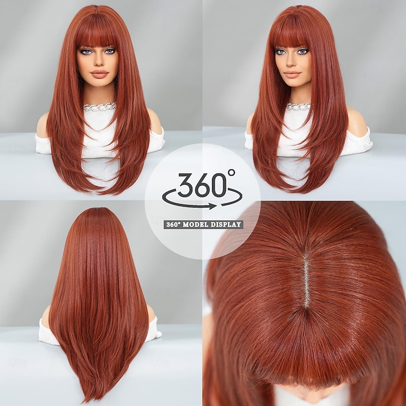Long Straight Auburn Wig with Bangs 26 Inch Orange Ginger Synthetic Layered Hair Wigs for Women Natural Copper Red Head Heat Resistant Wig for Daily Party Use4