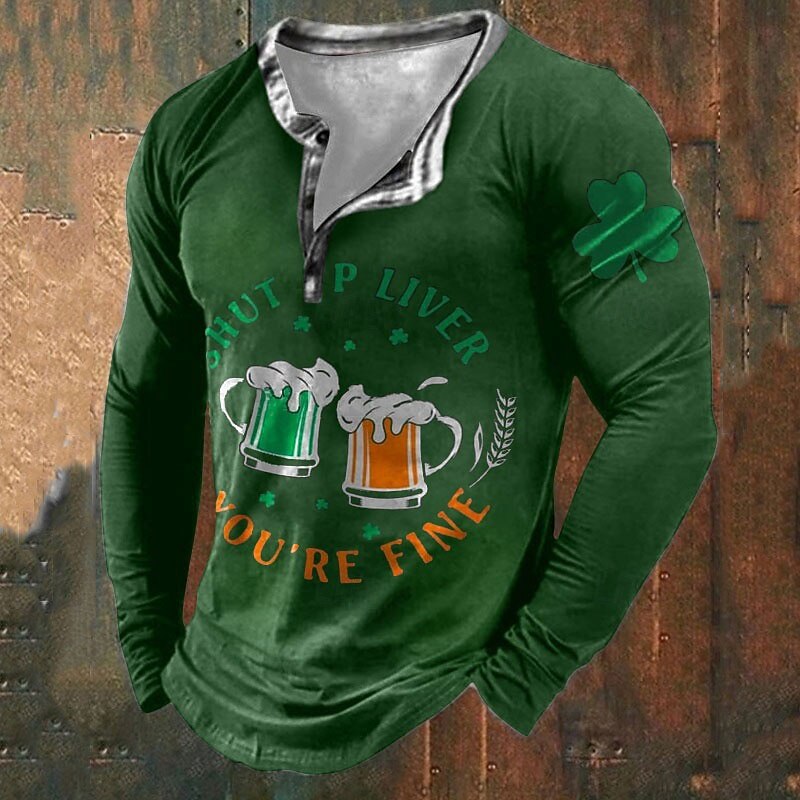 Men's St. Patrick Graphic Shamrock Beer T Shirt T shirt Tee Tee Top Long Sleeve 3D Print Fashion Designer Basic Vacation Street Going out Spring &  Fall Black Green Coffee Gray Henley Henley T-Shirt2