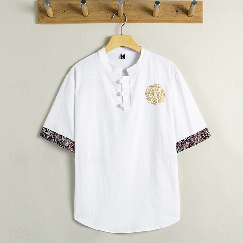 Men's Button T Shirt Henley Shirt Tee Tee Top Short Sleeve Henley Spring &  Fall Boho Paisley Damask Solid / Plain Color Fashion Designer Buckle Vacation Street Going out Black Light Green White Top