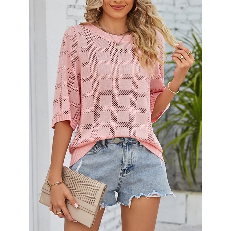 Women's Sweater Casual Soft Pure Color Ribbed Crew Neck Knitted 3/4 Length Sleeve Regular Tops Knit Outdoor Daily Weekend White Pink Spring Fall