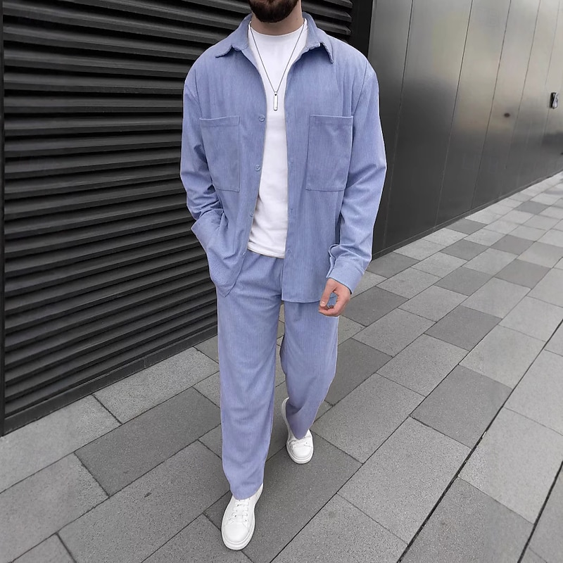 Men's Shirt 2 Piece Shirt Set Matching Sets Casual Shirt Corduroy Shirt Brown Green khaki Gray Light Blue Long Sleeve Solid Color Collar Street Daily Clothing Apparel Fashion Casual Comfortable3