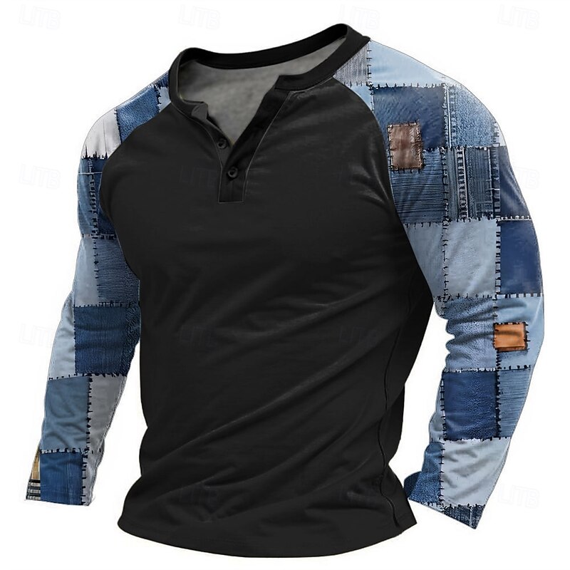 Men's Graphic Patchwork T Shirt Henley Shirt Tee Long Sleeve Designer Basic Classic Outdoor Daily Sports Spring &  Fall Black Light Gray Navy Blue Henley Henley T-Shirt4