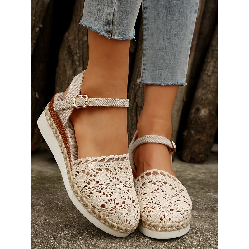 Women's Crochet Espadrille Wedge Sandals with Ankle Strap, Boho Style Lightweight Summer Shoes for Casual and Beach Wear2