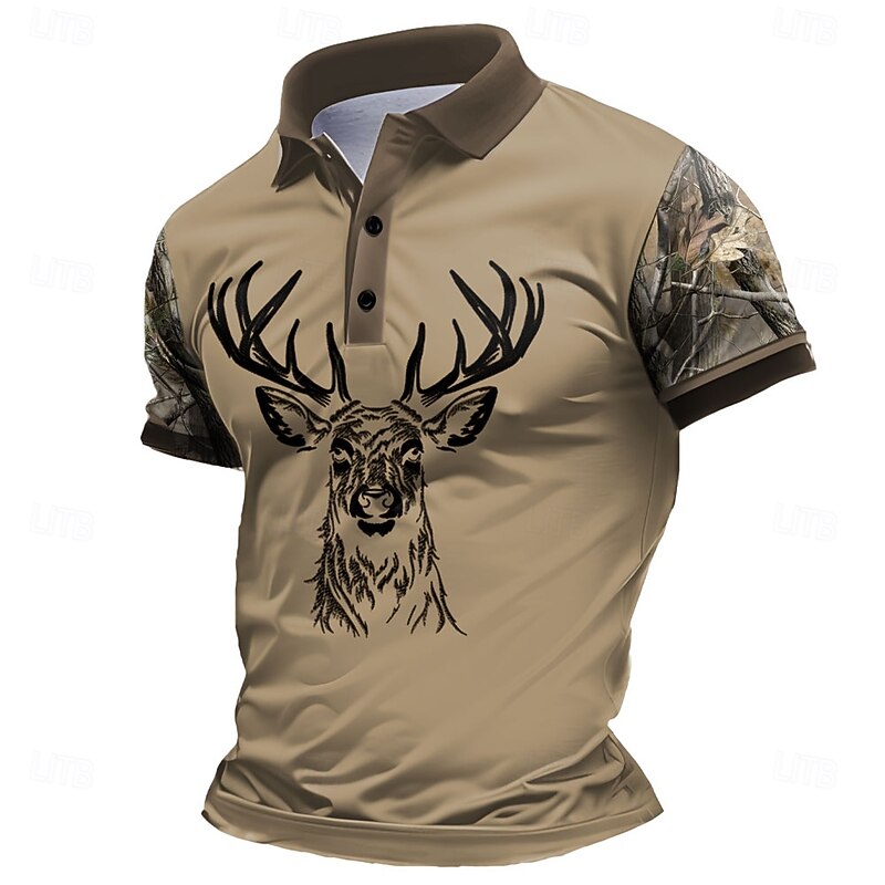 Men's Deer Polo Short Sleeve Polo Shirts Collared Shirts Casual School Outdoor Daily Wear Home Wear 3D Print Summer Spring Fall Dark Brown Black Brown2