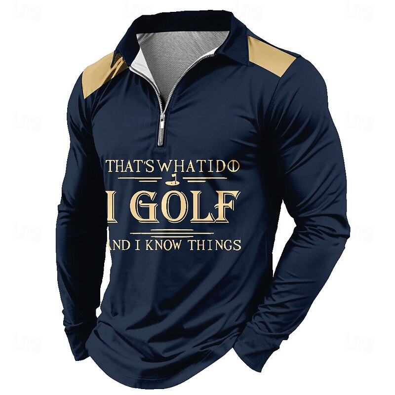 Men's Letter Zip Polo Shirts Golf Shirt Long Sleeve Polo Shirts Collared Shirts Casual Outdoor Street Dailywear 3D Print Quarter Zip Polo Spring Fall & Winter Black Brown Dark Blue