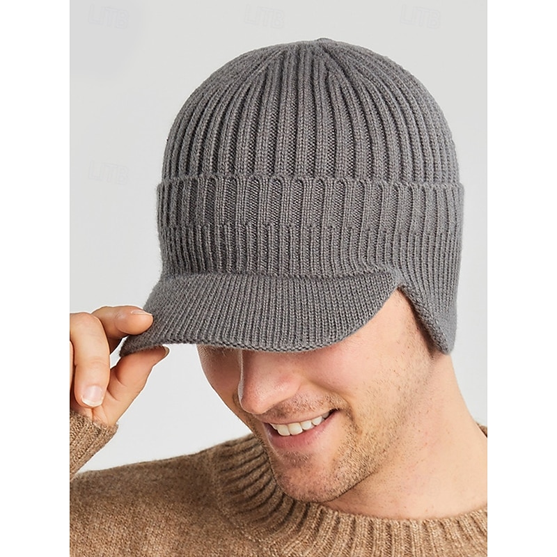 Men's Knit Winter Hat with Visor and Ear Flaps - Warm Ribbed Beanie Cap for Outdoor Activities and Casual Wear2