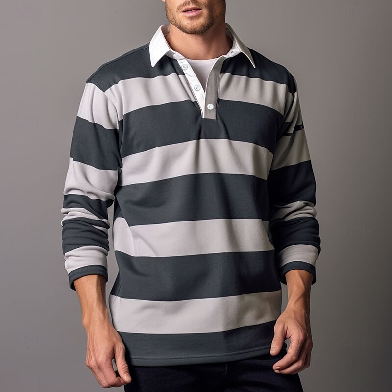 Men's Stripes Rugby Polo Cable Knit Polo Long Sleeve Polo Shirts Collared Shirts Casual Outdoor Athleisure 3D Print Spring Fall Gray