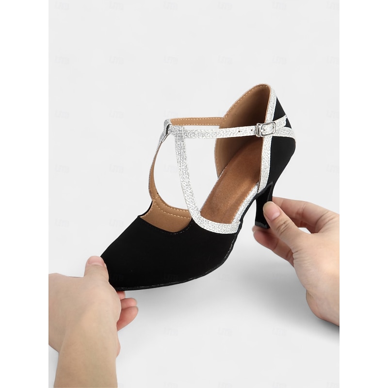 Women's Stylish Black Suede Latin Dance Shoes with Soft Suede Sole and Glitter Strap | Perfect for Practice and Performances3
