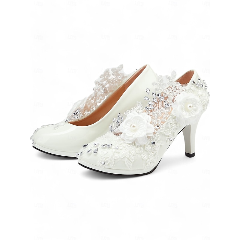 Women's White Lace Wedding Heels – Rhinestone Embellished Floral Design Bridal Shoes for Elegant Occasions