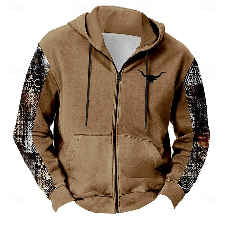 Men's Cow Camo Hoodies Fashion Daily Long Sleeve Hooded Vacation Hunting Khaki Gray Drawstring Zipper Fall Winter Designer4