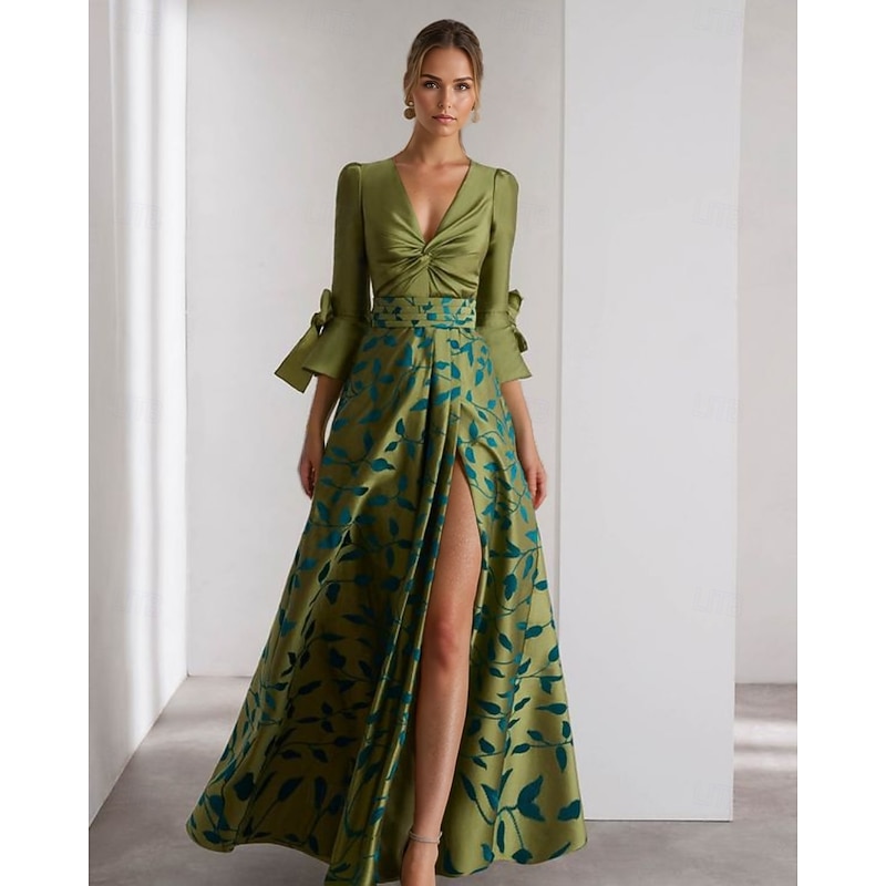 A-Line Evening Gown Formal Wedding Floor Length 3/4 Length Sleeve V NeckMother Of the Bride Dress Satin with Floral Print Bow(s) Slit Race Day Dress Wedding Guest Dress