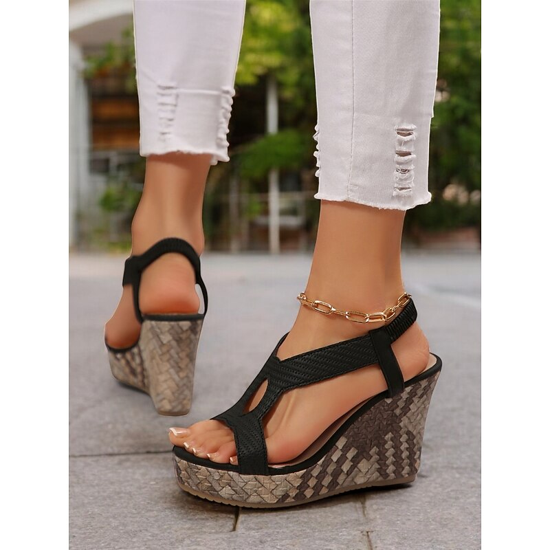 Women's Black T-Strap Wedge Sandals with Textured Pattern and Open-Toe Design, Stylish Summer Shoes for Casual and Beach Wear4