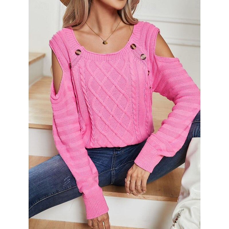 Women's Sweater Casual Soft Pure Color Cable Crew Neck Buttons Knitted Cold Shoulder Long Sleeve Regular Tops Knit Outdoor Daily Weekend White Pink Spring Fall