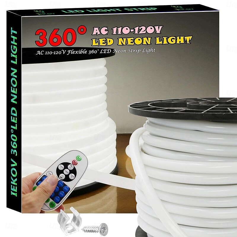 360 Neon Light LED Strip AC110 16-100 ft Flexible/Waterproof/ Dimmable Timing Warm White LED Rope Lightremote Control Suitable for Home/Garden/Building Decoration DIY Decor US Plug3