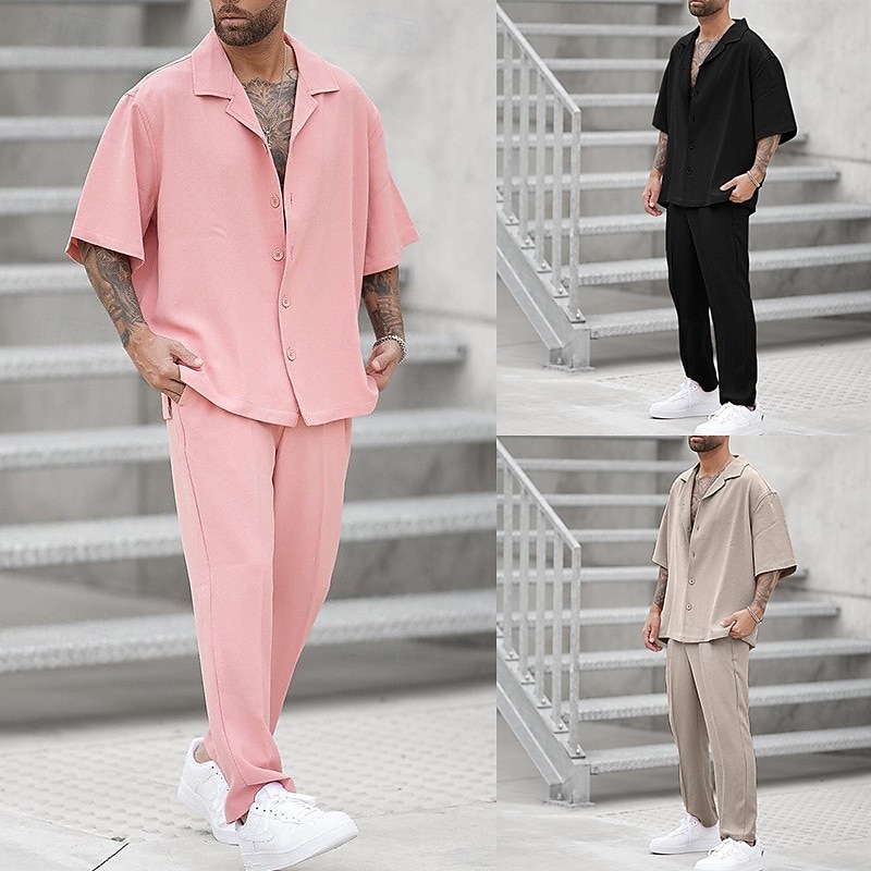 Men's 2 Piece Shirt Set Summer Set Casual Shirt Button Up Shirt Black Pink khaki Half Sleeve Plain Collar Vacation Daily Clothing Apparel Fashion Casual Comfortable