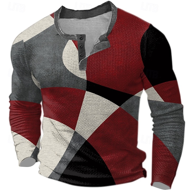 Men's Graphic Geometric Color Block Waffle Henley Shirt Casual Style Classic Style Long Sleeve Fashion Designer Basic Outdoor Daily Spring &  Fall Blue Burgundy Brown Green Henley Henley T-Shirt