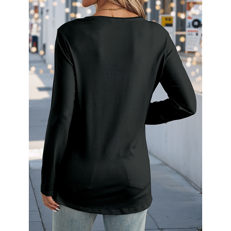 Women's T shirt Crew Neck Long Sleeve Tunic Dog Casual  Regular Tops Daily Print Black Spring Fall2
