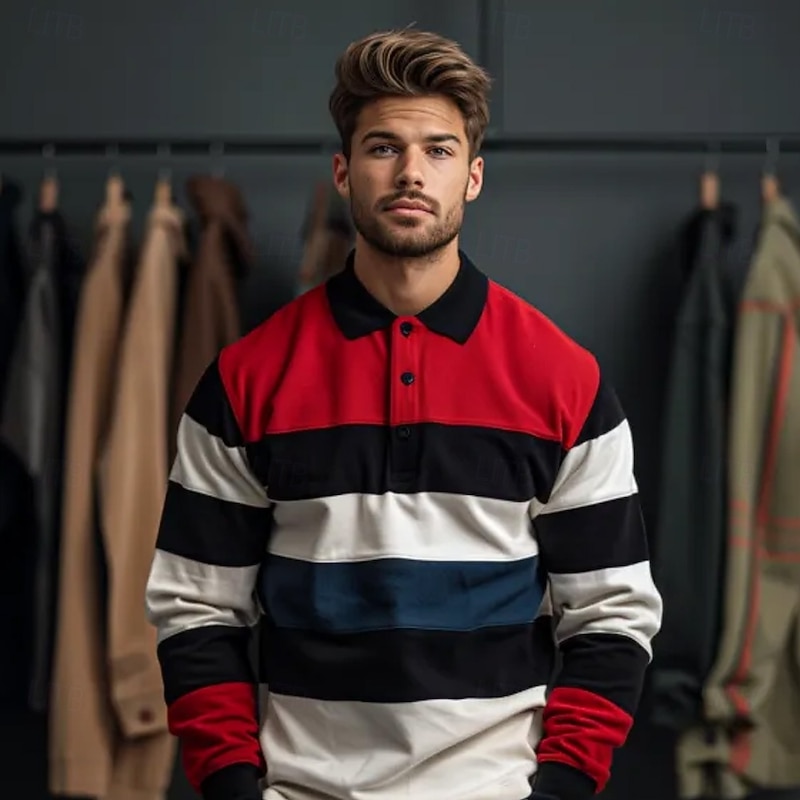 Men's Stripes Rugby Polo Cable Knit Polo Long Sleeve Polo Shirts Collared Shirts Casual Outdoor Athleisure 3D Print Spring Fall Red