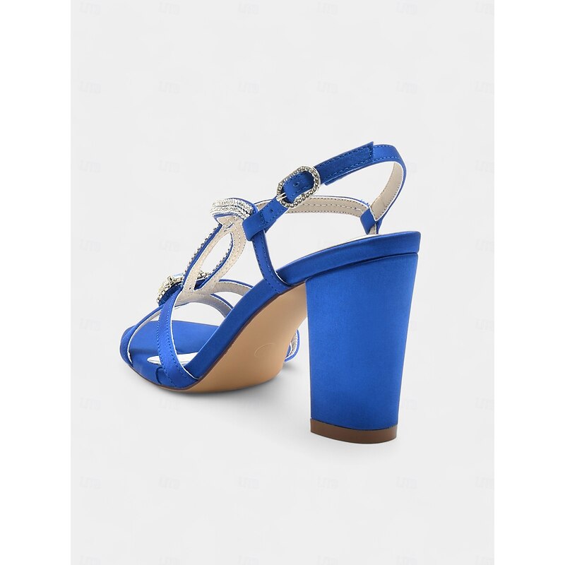 Women's Royal Blue Satin Rhinestone Sandals – Elegant Block Heels for Cocktail Parties, Weddings, and Evening Celebrations4
