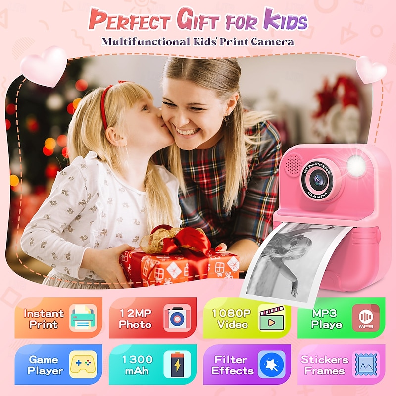 Instant Print Camera for Kids HD 1080P Print Camera for Kids Digital Camera With 3 Rolls Print Paper for  Toys Boy Girls Christmas Gift