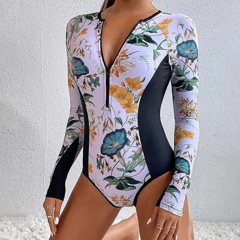 Women's Rash Guard One Piece Swimsuit Lightweight Long Sleeve Bodysuit Bathing Suit Swimming Surfing Beach Water Sports Printed Summer Spring Autumn3