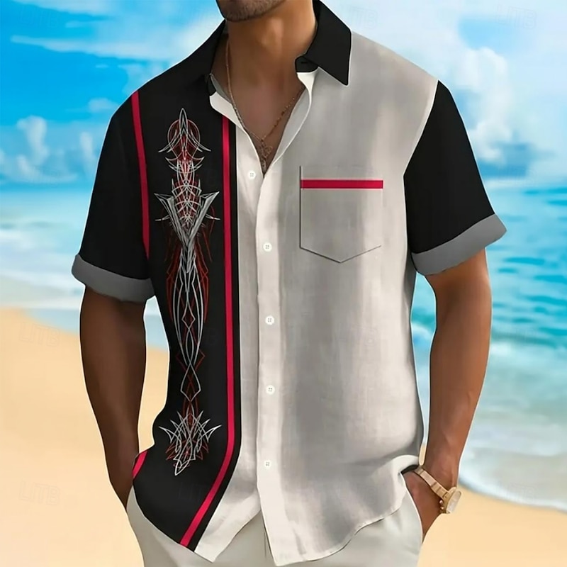 Men's Pinstripe Casual Shirt Bowling Shirt Button Up Shirt Short Sleeve Casual Causal Casual Summer Spring Turndown Button Up Pocket Black
