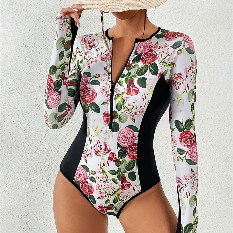 Women's Rash Guard One Piece Swimsuit Lightweight Sleeveless Bodysuit Bathing Suit Front Zip Swimming Surfing Beach Water Sports Floral Printed Summer Spring Autumn4