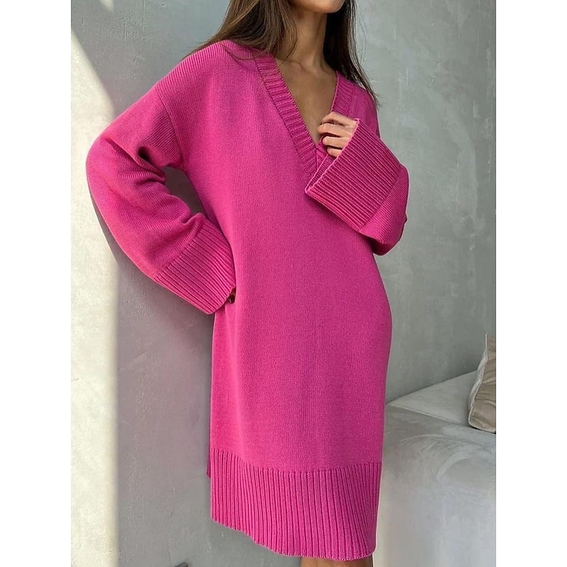 Women's Sweater Sweater Dress Casual Soft Pure Color Ribbed V Neck Knitted Long Sleeve Long Tops Knit Outdoor Daily Weekend Black Fuchsia Fall Winter2