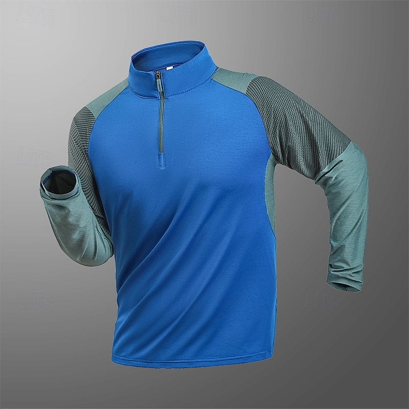Men's T shirt Hiking Tee shirt Long Sleeve Quarter Zip Tee Tshirt Muscle T-Shirt Bodybuilding Stretch Tee Outdoor Quick Dry Workout Soft Sweat wicking Polyester Patchwork Black White Royal Blue Gym4