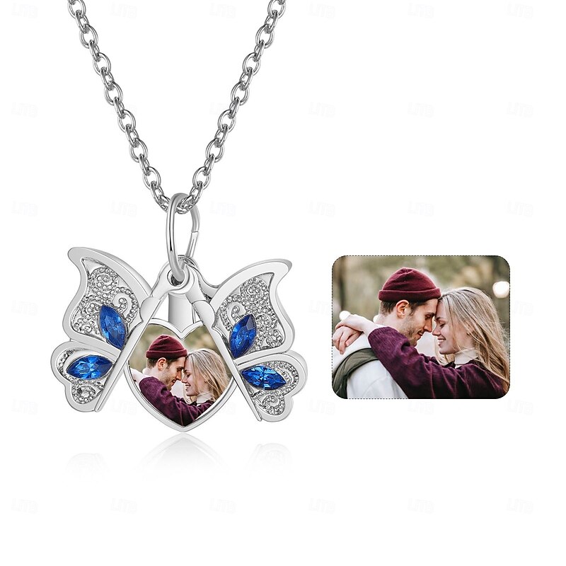 Personalized Butterfly Heart Necklace Custom Best Gift for Mom – Photo Jewelry Gift for Women, Hidden Photo Slot, Ideal Wedding or Anniversary Gift